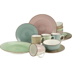 CreaTable Kombiservice »Samba«, (Set, 16 Tlg., Kaffeeservice Und Tafelservice Im Set, Für 4 Personen), Service, Handgemalter Spiraldekor, 4 Pastellfarben
