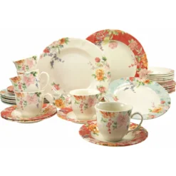 CreaTable Kombiservice »Crimson«, (Set, 30 Tlg., Kaffeeservice Und Tafelservice Im Set, Für 6 Personen), Service, Frische Farben, Rosendekor