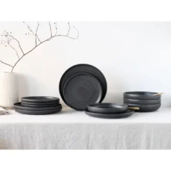 CreaTable Tafelservice »Uno«, (Set, 12 Tlg., Teller Set Für 4 Personen), Service, Schwarz, Seidenmatte Spezialglasur, Ausdrucksstarkes Relief -Erstellbar Geschäft a9a69396d20171ea3ff31f2eee38a71a