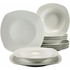 CreaTable Tafelservice »Amelie«, (Set, 12 Tlg., Teller Set Für 6 Personen), Geschirr, Teller Set, Weiß, Mikrowellengeeignet