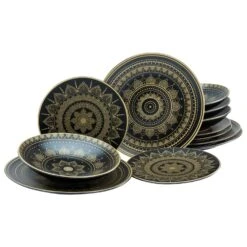 CreaTable Mandala Teller Set 12 Teilig In Schwarz/Gold