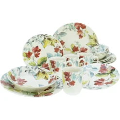 CreaTable Kombiservice »Maple«, (Set, 16 Tlg., Kaffeeservice Und Tafelservice Im Set, Für 4 Personen), Service, Romantisches Blattdekor, Nordische Farben