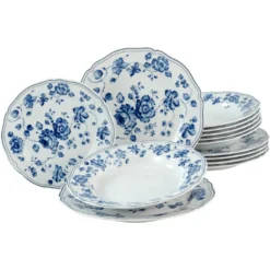 CreaTable Tafelservice »ROYAL BLUE FLOWER«, (Set, 12 Tlg., Teller Set Für 6 Personen), Service, Blaue Rosenmotive In Oppulenter Anlage, Made In Europe